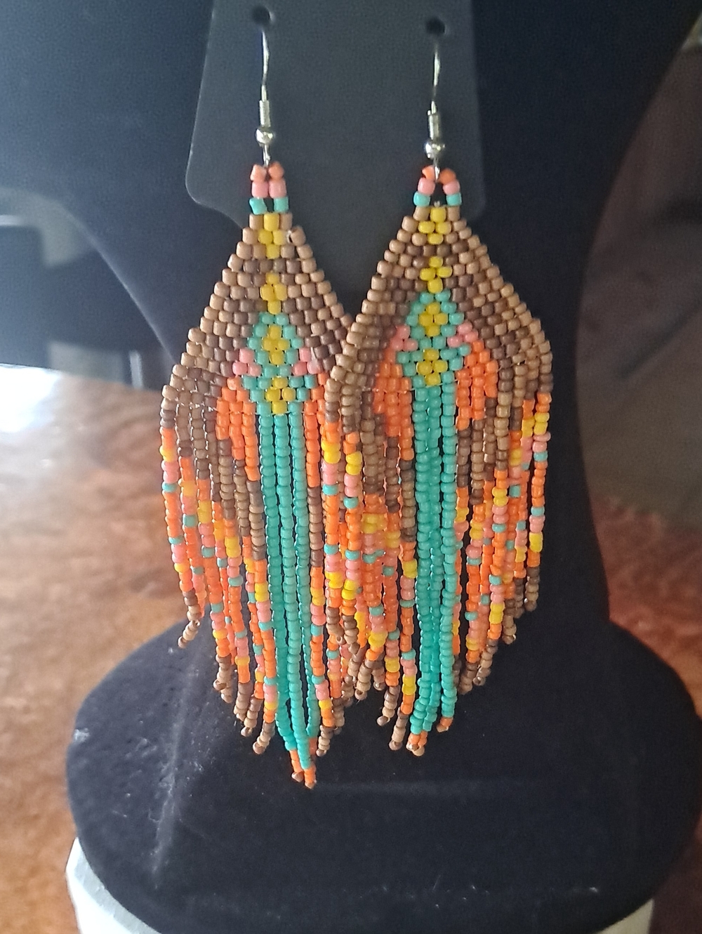 Handmade Brown and Turquoise Beaded Fringe Earrings